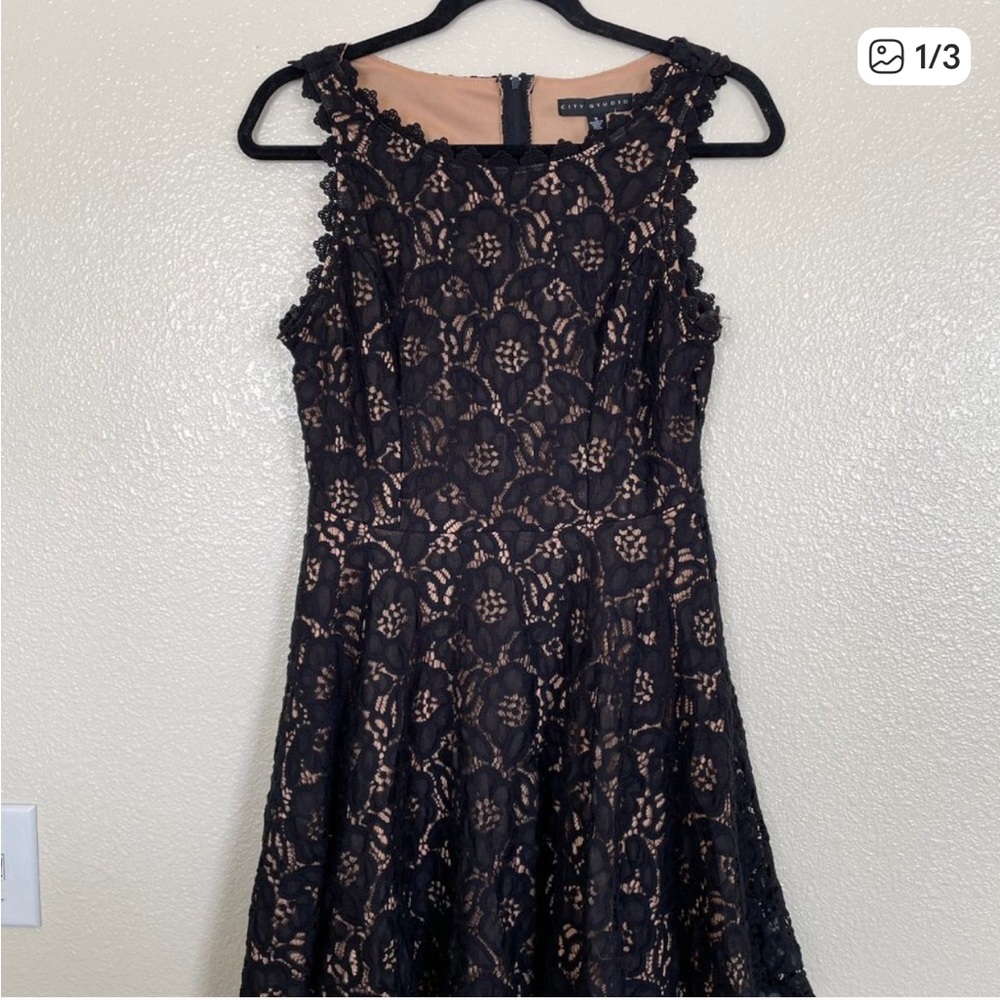 City Studio Black Lace Midi Dress with Nude Lining